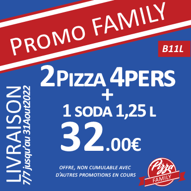 2 Pizzas 4pers + 1 boisson 1.25L &#61; 32€